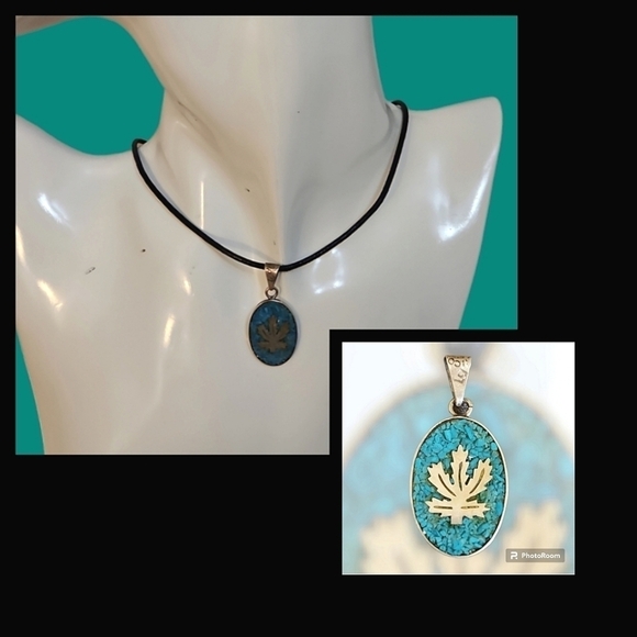 VTG Mexican Silver Crushed Turquoise Pot Leaf Oval Pendant - Picture 1 of 4